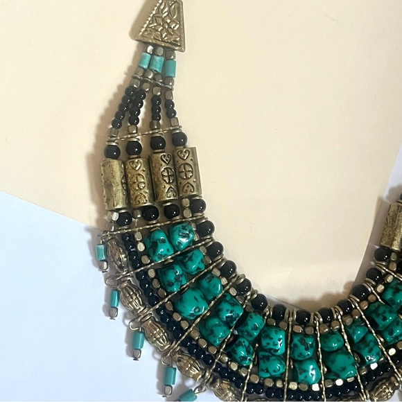 south africa 🇿🇦 boho turquoise black gold boho fringe statement necklace - Picture 7 of 12
